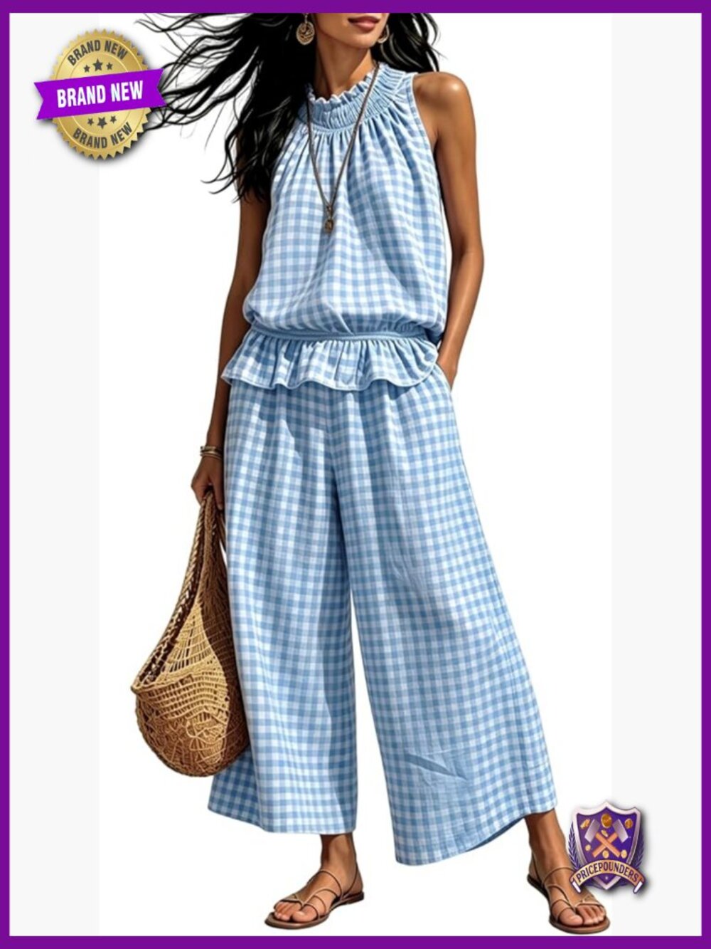 Gingham Ruffle Top and Wide Leg Pants Set Summer Vacation